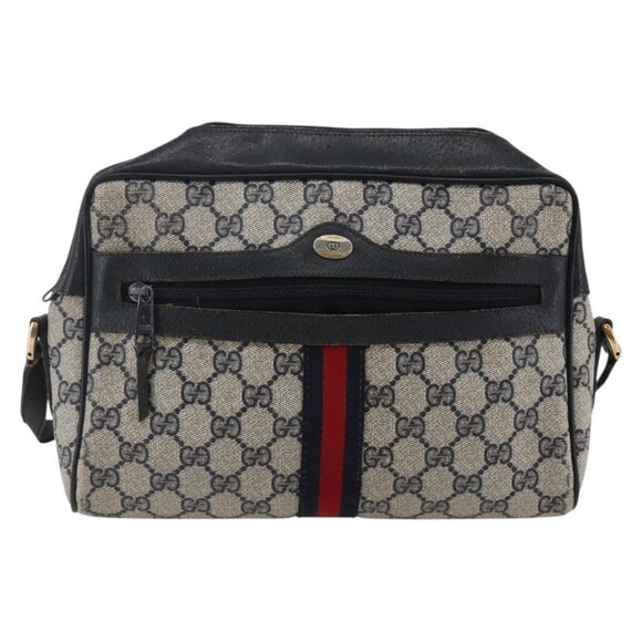 GUCCI GG Canvas Sherry Line Shoulder Bag PVC Leather Navy Red Auth - Picture 2 of 15